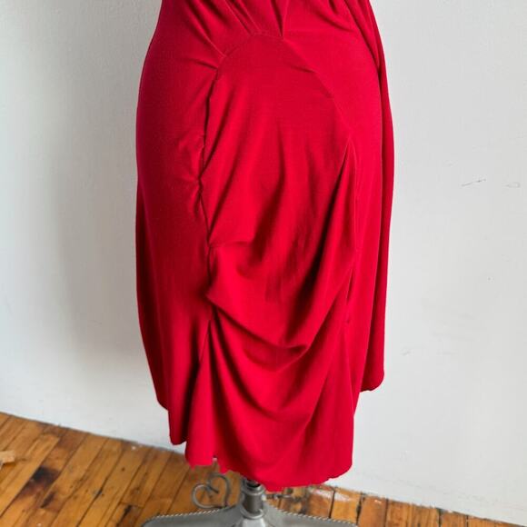 Handmade Red Jersey Asymmetrical Ruched Raw-Edge Dress - Picture 5 of 7
